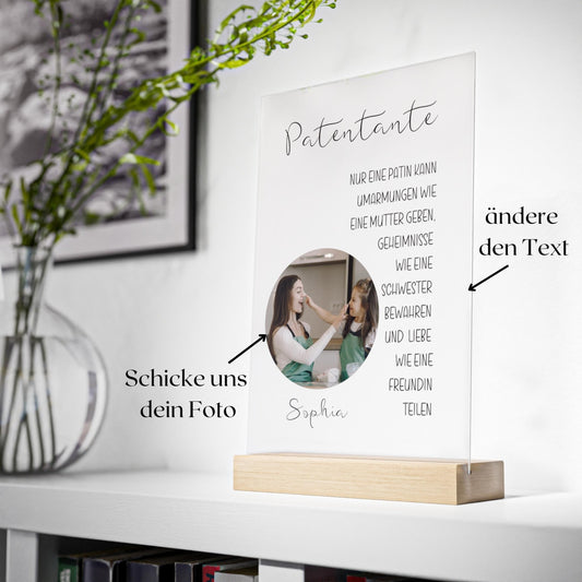 Patentante Fotogeschenk - Du wirst (bist) Patin! Acryglas mit Holzstand