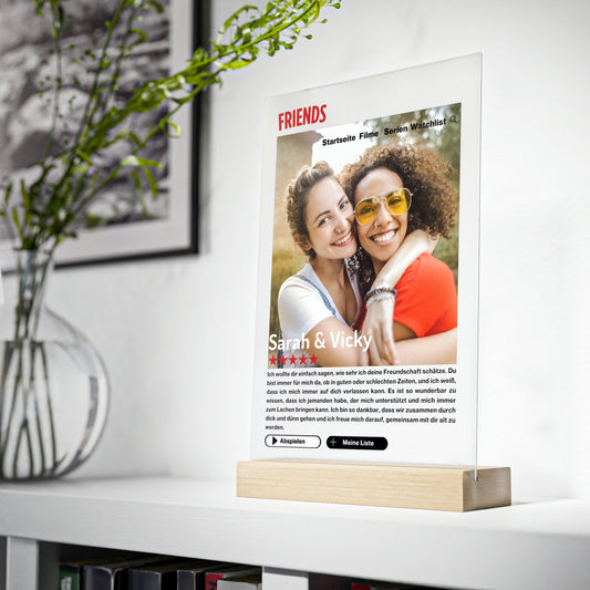 Personalisiertes Freundschaftsgeschenk als Netflix Cover - Einzigartiges Geschenk für besondere Anlässe - Acrylglas mit Holzstand
