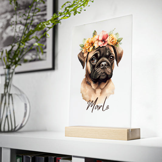 Personalisierbares Hunde Portrait mit Blumenkrone | Hunde Portrait Personalisiertes Acrylglas mit Holzstand