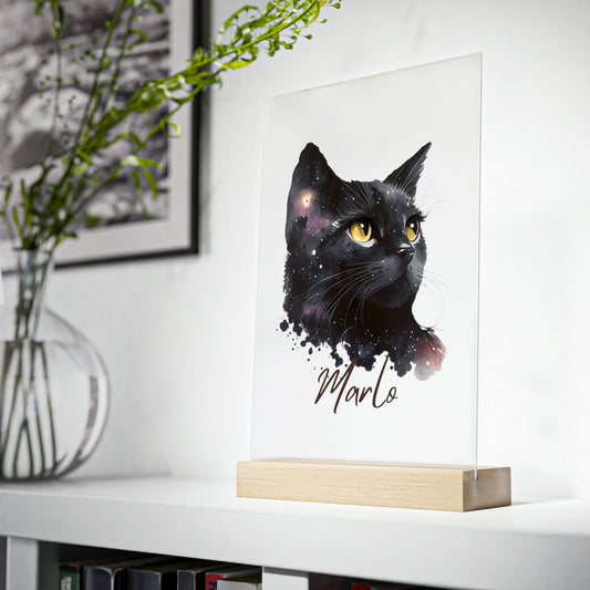 Katzen Portrait | Personalisierte Katze mit Blumenkrone | Personalisiertes Acrylglas mit Holzstand