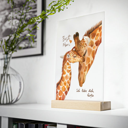 Muttertagsgeschenk Giraffen Druck mit personalisiertem Namen - Acrylglas mit Holzstand