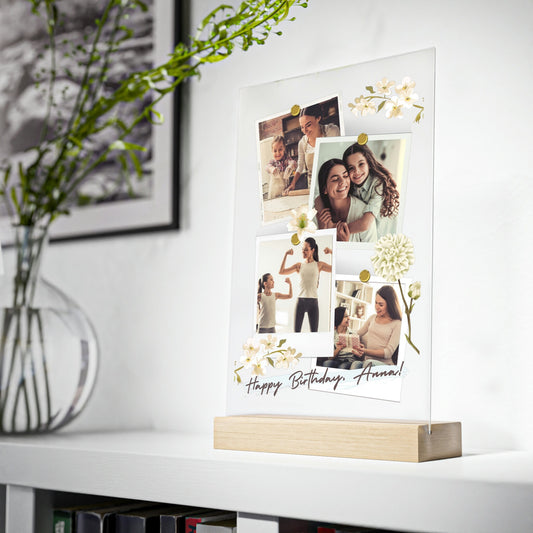 Personalisiertes Geburtstagsgeschenk mit vier Lieblingsfotos - das perfekte Geschenk zum Geburtstag - Acrylglas mit Holzstand