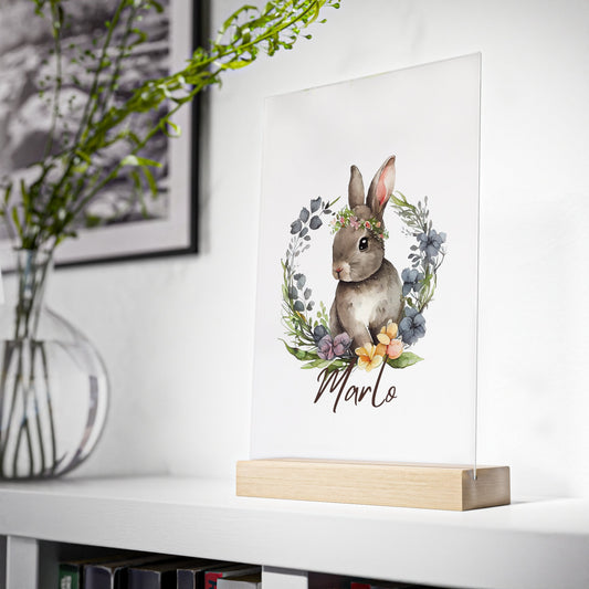 Personalisierter Hase mit Blumenkrone | Kaninchen Portrait Personalisiertes Acrylglas mit Holzstand