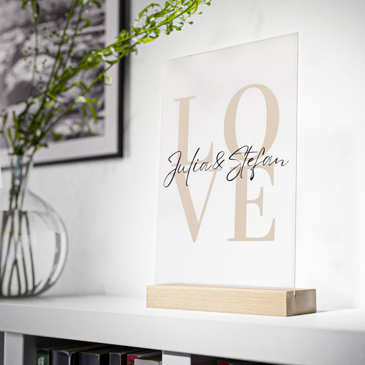 Personalisiertes Liebesgeschenk - Perfektes Jahrestagsgeschenk - Acrylglas mit Holzstand