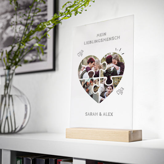 Herz Hochzeitsfoto als Puzzle | Acrylglas mit Holzstand