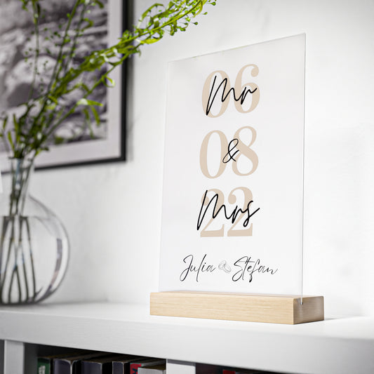 Personalisierbares Hochzeitsgeschenk | Mr und Mrs Geschenk | Brautpaar Geschenk | Acrylglas mit Holzstand