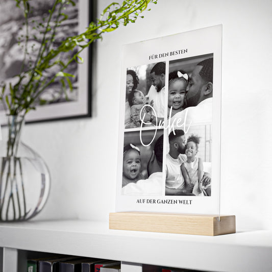 Onkel Geschenk | Personalisiertes Geschenk für den besten Onkel - Acrylglas mit individuellen Fotos und Holzstand
