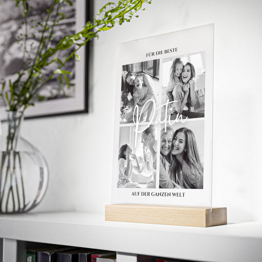 Patentante | Personalisiertes Geschenk für die beste Tante - Acrylglas mit individuellen Fotos mit Holzstand
