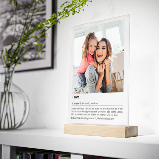 Definition Tante | Personalisiertes Geburtstagsgeschenk für Tante - Acrylglas mit Holzstand