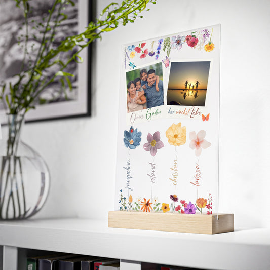 Omas Garten - personalisiertes Geschenk mit Fotos für Oma mit den Namen der Enkelkinder - Acrylglas mit Holzständer.