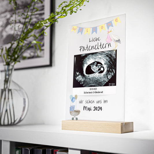 Neutrale Babyankündigung | Schwangerschaftsüberraschung mit Ultraschallbild und persönlicher Nachricht | Acrylglas mit Holzstand